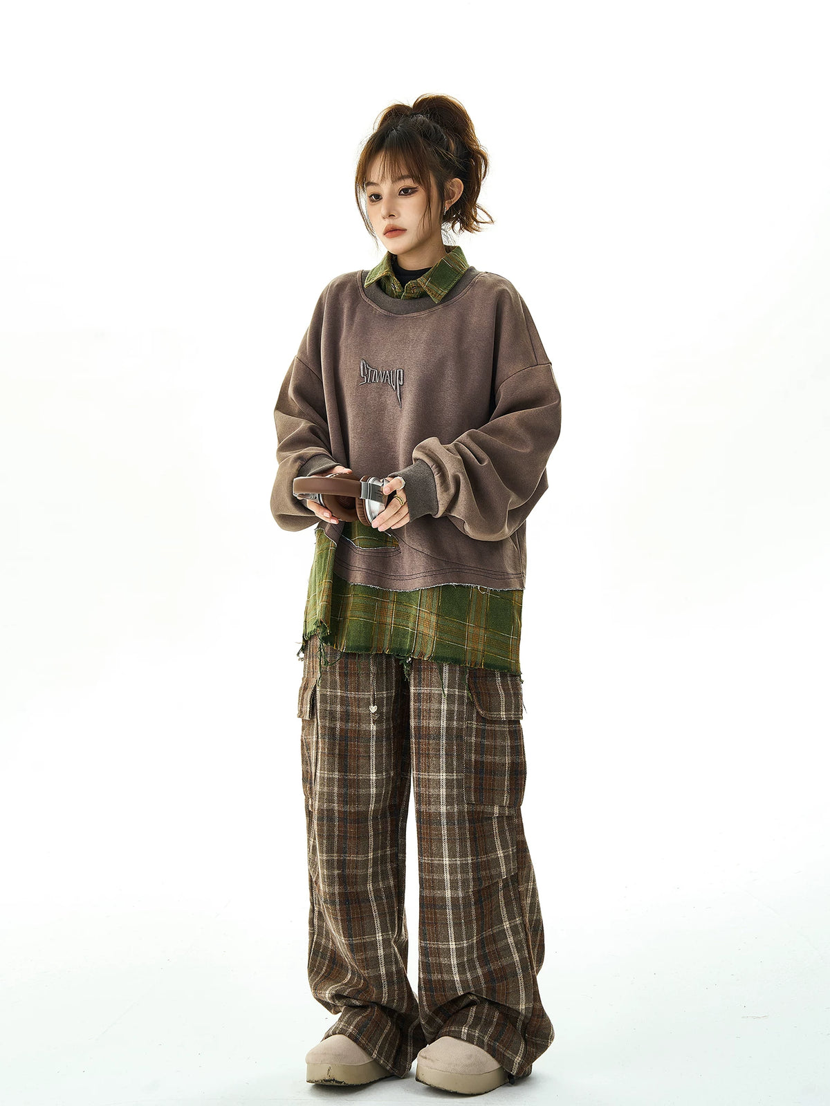 Plaid Stitching Fake Layered Sweatshirt