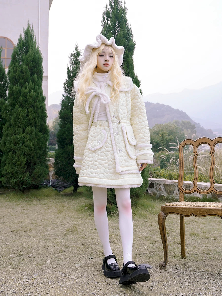 Flower Plush Bow Tie Puffer Jacket