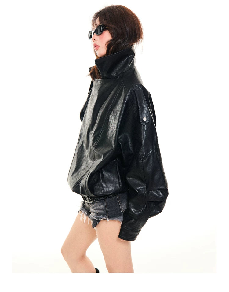 Asymmetrical Stand Collar PU Leather Jacket