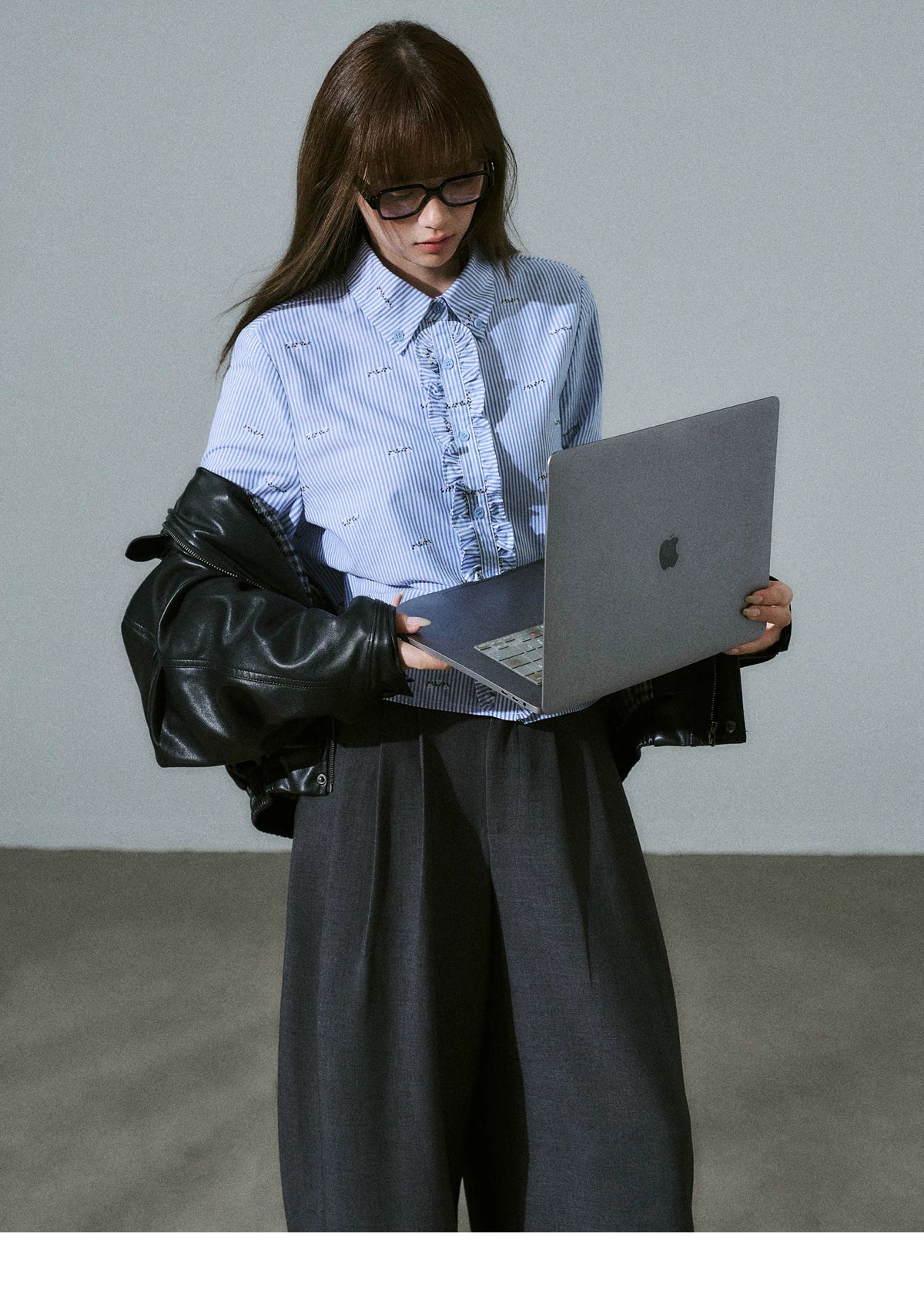 Ruffle Placket Striped Button-Up Long Sleeve Shirt