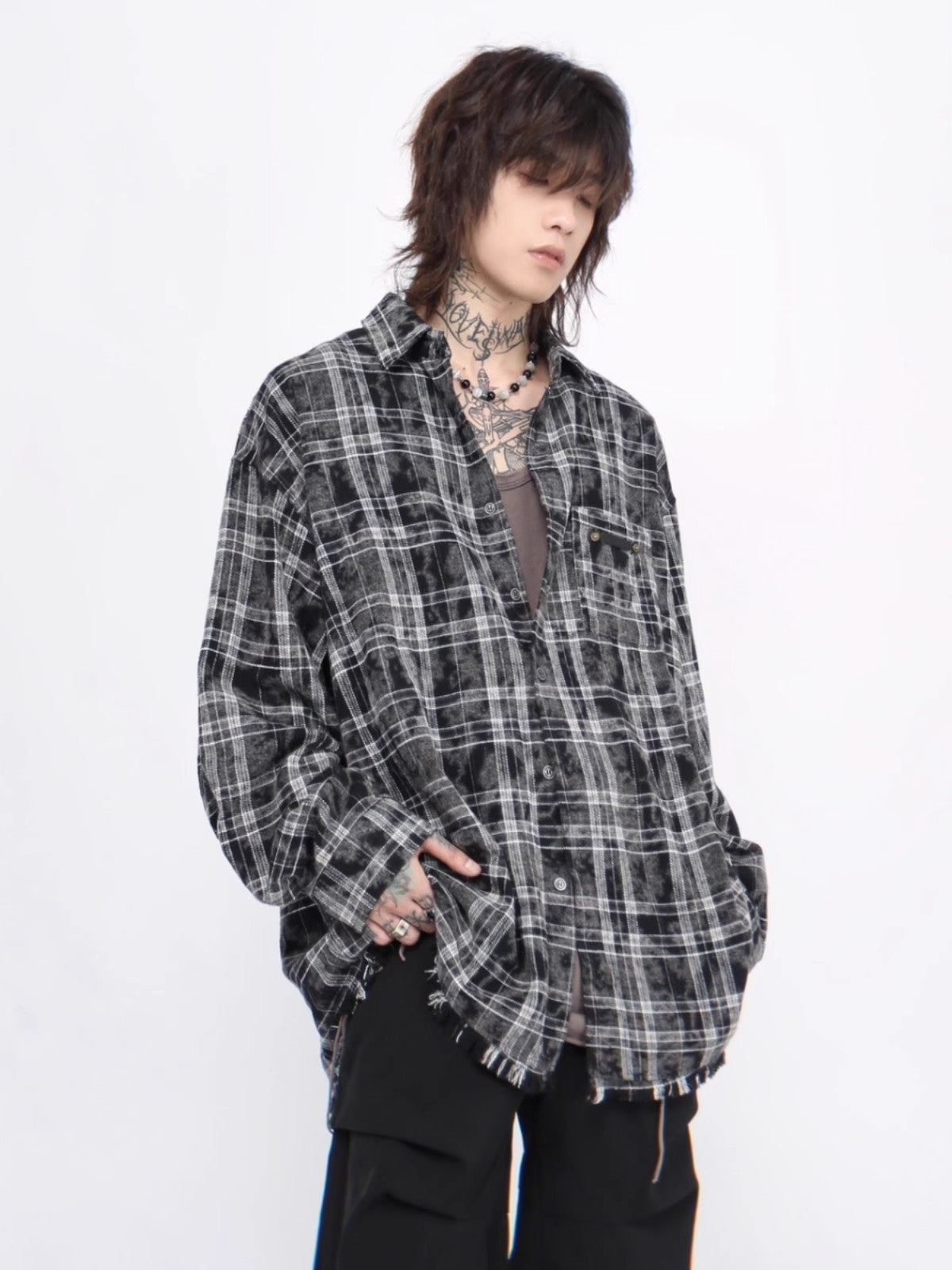 Oversize Damage Plaid Long Sleeve Shirt