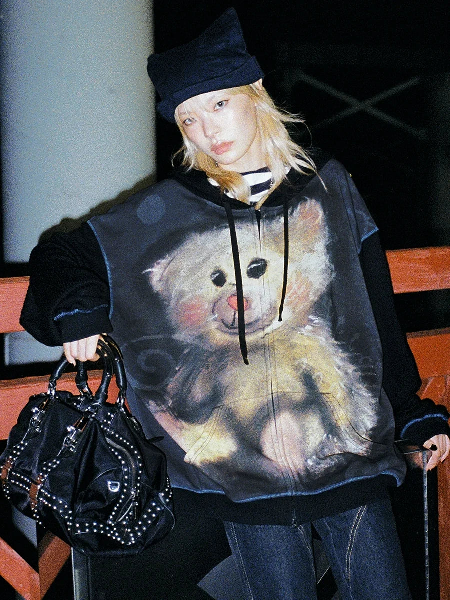 Sudadera con capucha y cremallera con estampado de oso