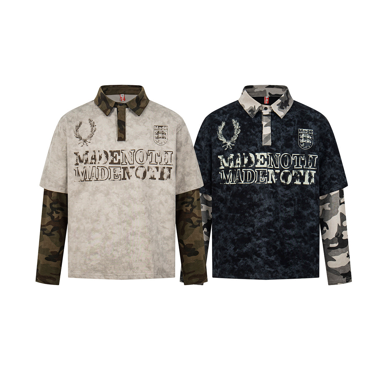 Polo Collar Fake Layered Tie-Dye Print Long Sleeve T-Shirt