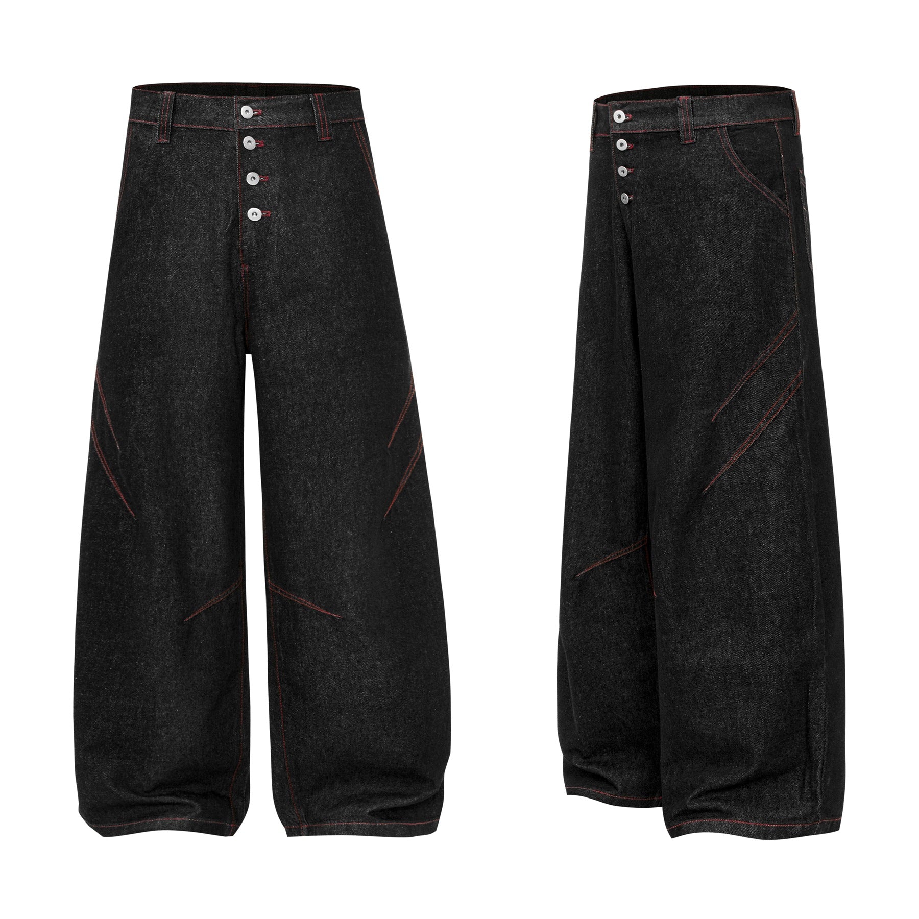 Contrast Stitch Panel Curved Wide Leg Denim Jeans