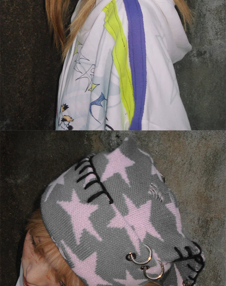 Star Print Rabbit Ear Knit Hat