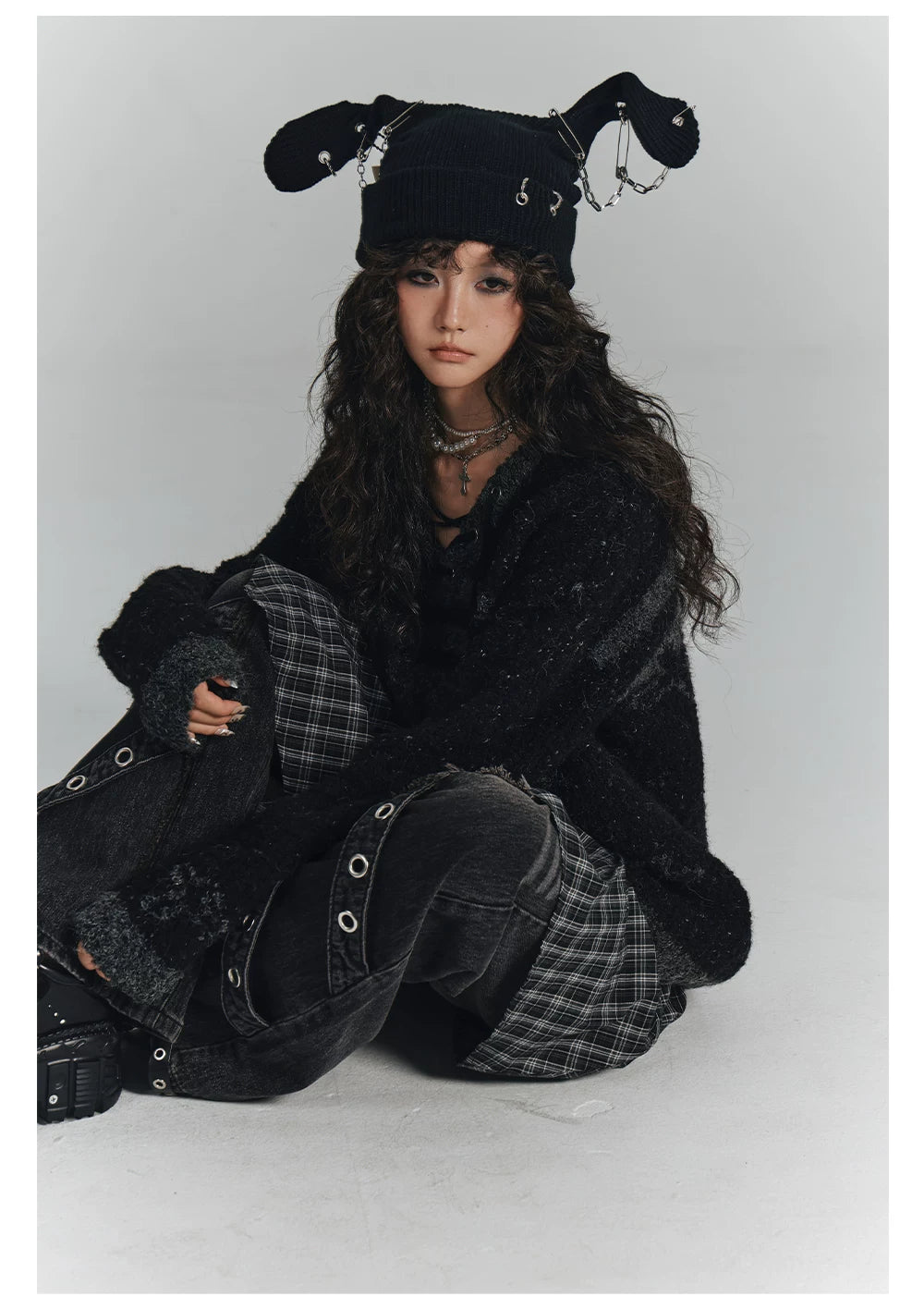 Cross Detail Drawstring Oversize V-Neck Knit Sweater