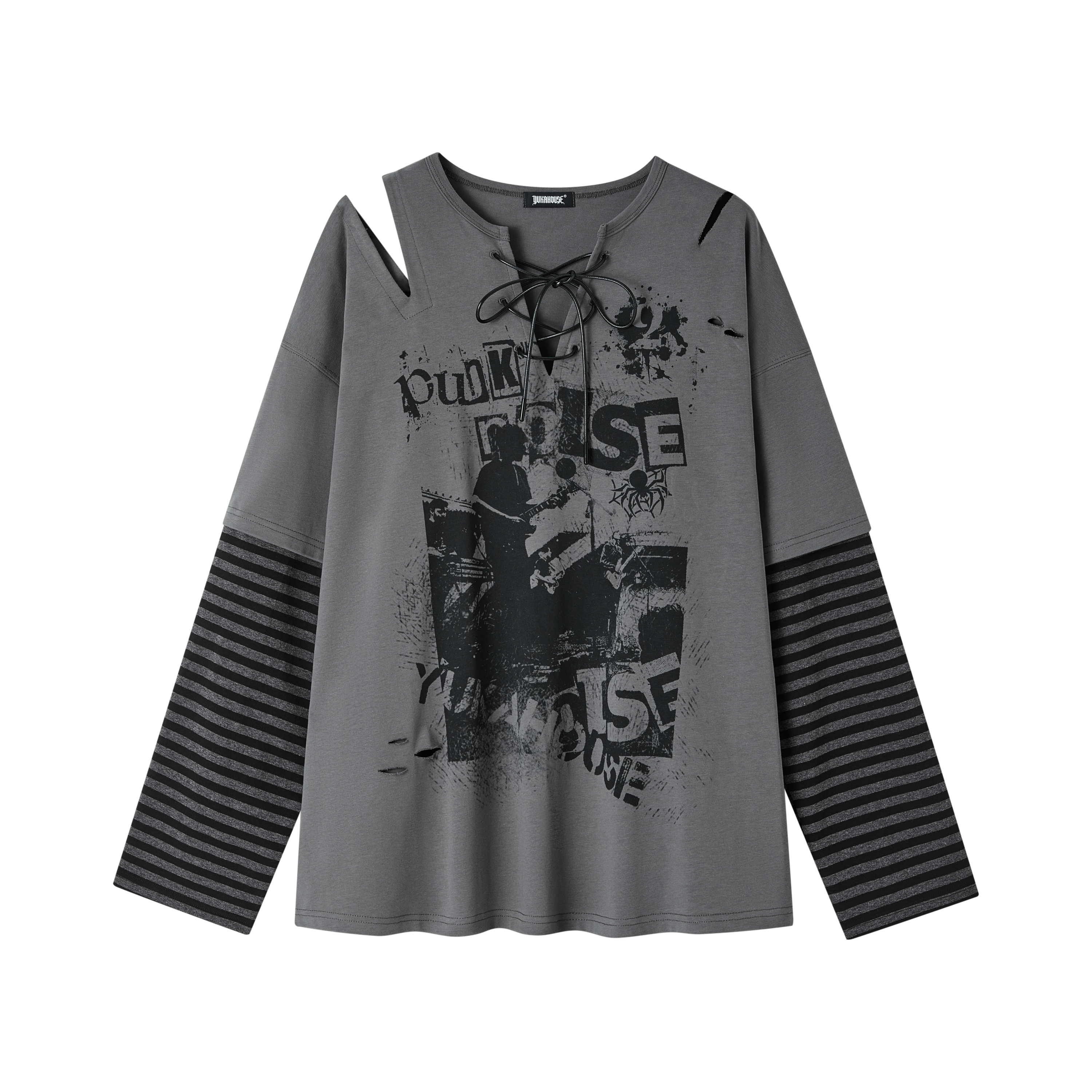 Fake Layered Drawstring V-Neck Long Sleeve T-Shirt