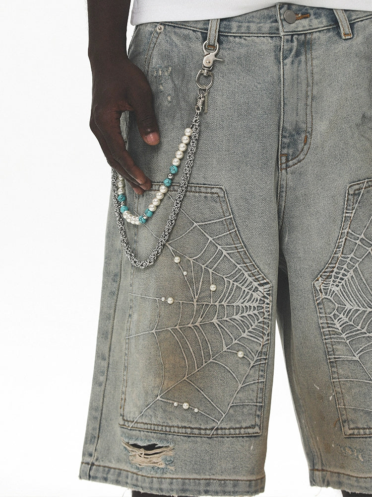 Spider Embroidery Washed Cropped Pants