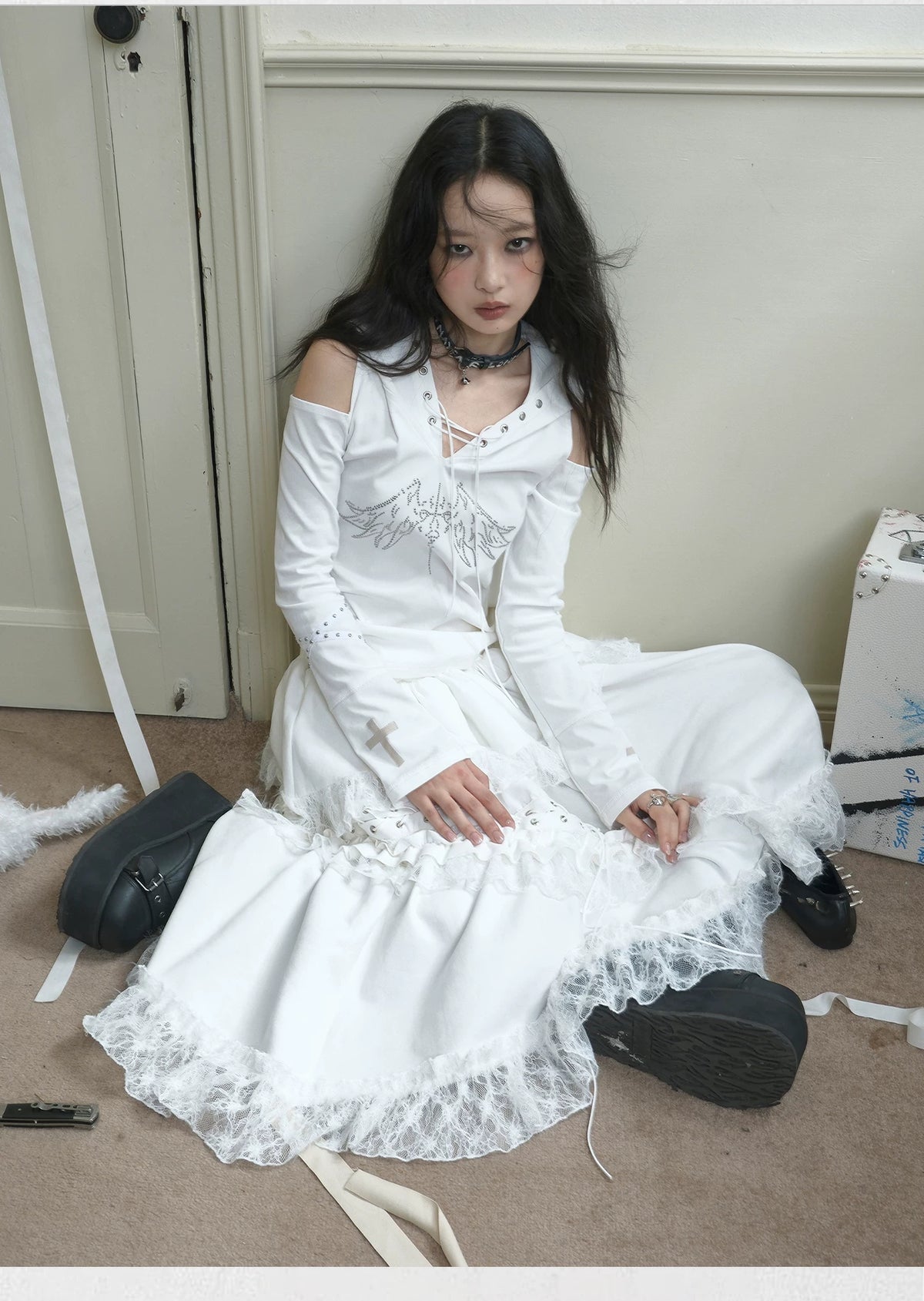 Suede Lace Asymmetrical Tie-Up Layered Long Skirt