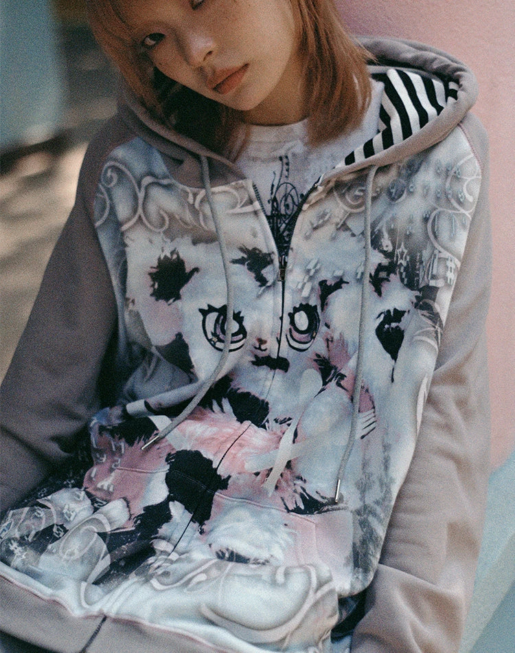 Sweat à capuche oversize à motif lapin avec fermeture éclair