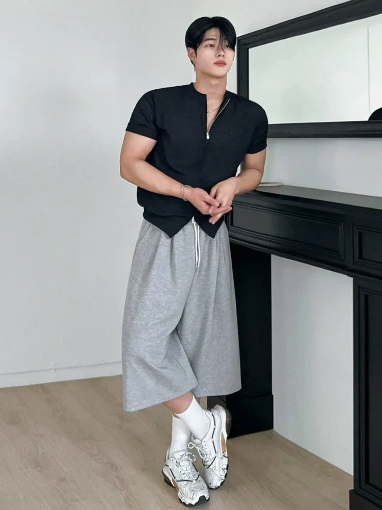Solid Color Drawstring Wide Leg Half Sweatpants