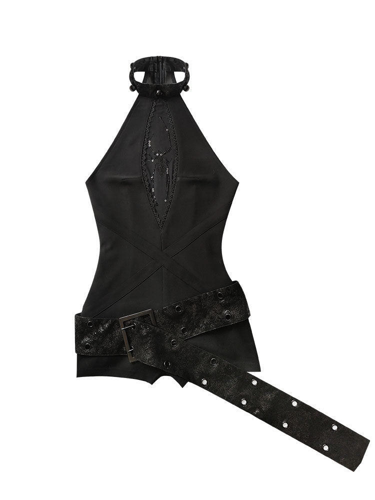 Design Rhinestone Pearl Detail Halter Neck Short Derss & Belt & Inner Camisole ＆ Set