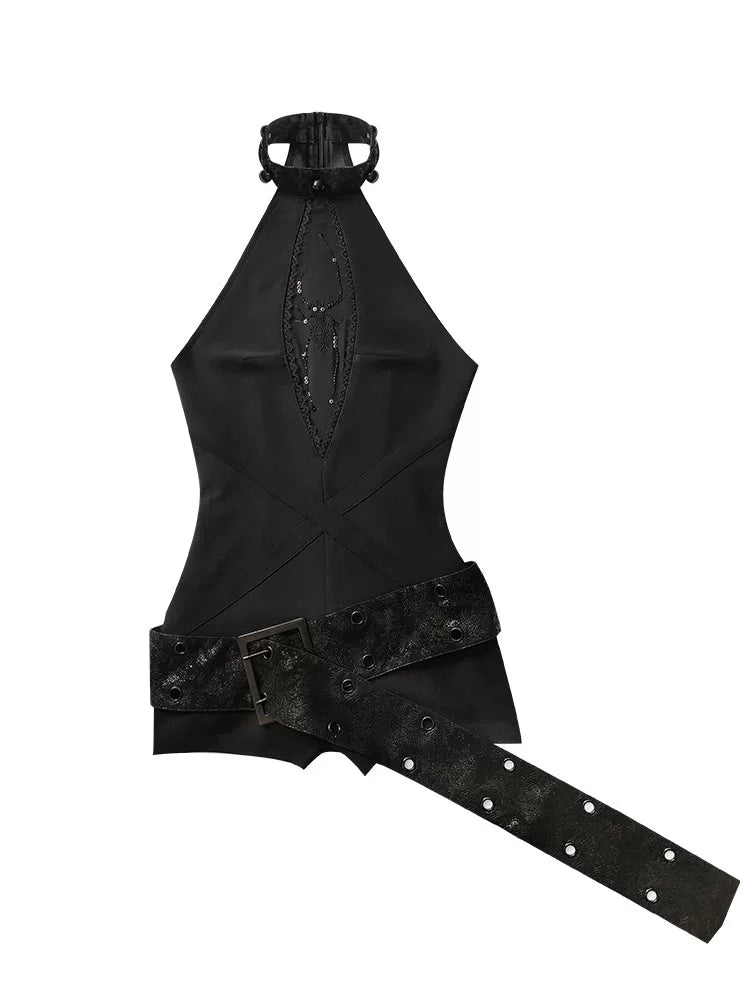 Design Rhinestone Pearl Detail Halter Neck Short Derss & Belt & Inner Camisole ＆ Set