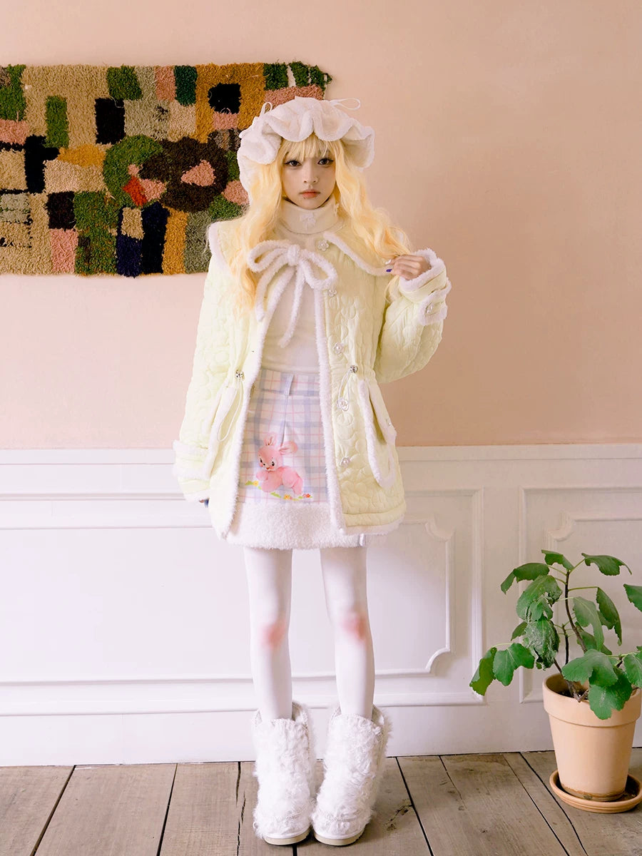 Flower Plush Bow Tie Puffer Jacket