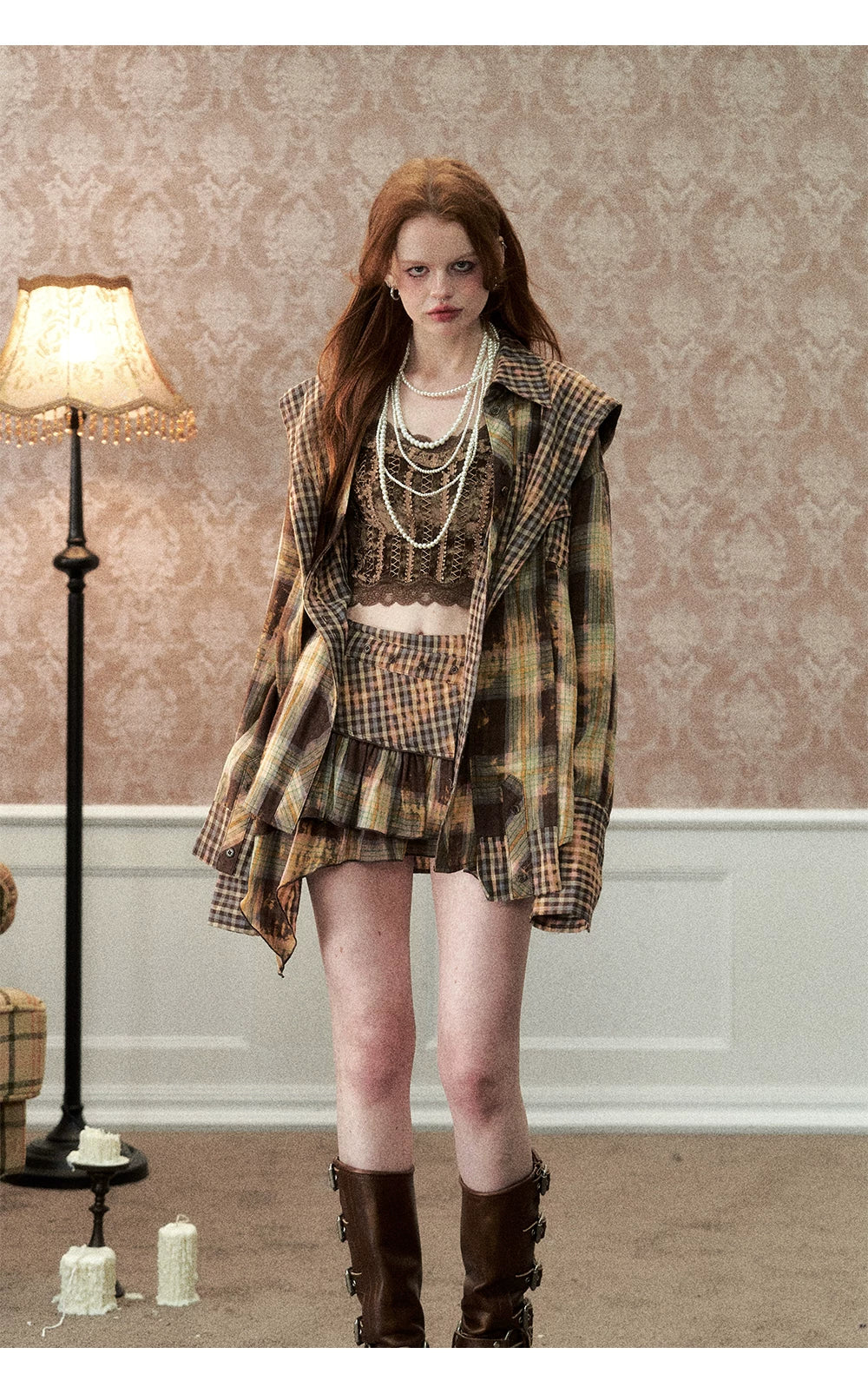 Oversize Plaid Long Sleeve Shirt & Short Skirt & Scarf Setup