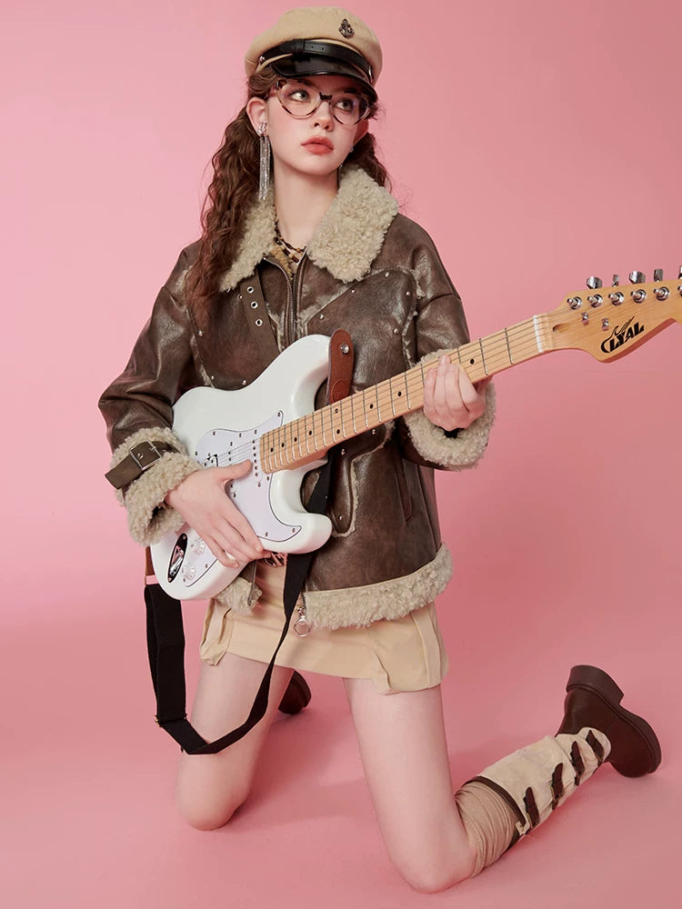Fake Shearling Thick PU Leather Jacket