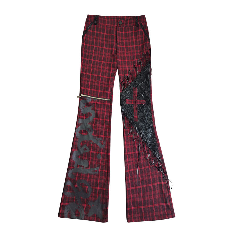 Tie-Strap Hollow-Out Plaid Patchwork PU Leather Pants