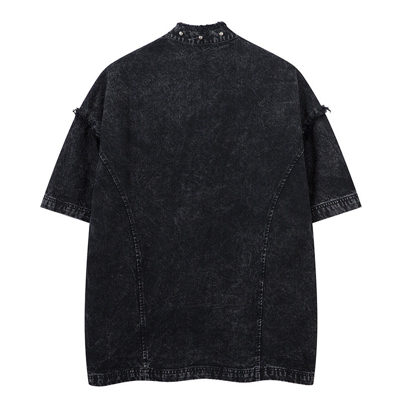 Distressed Short-Sleeved Denim Shirt