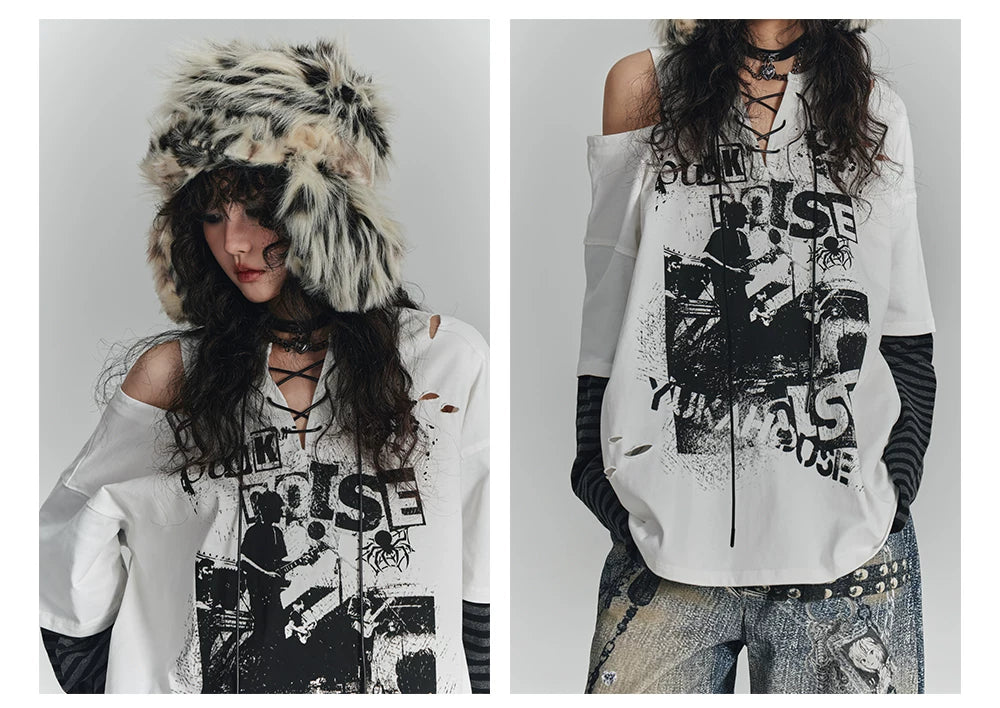 Fake Layered Drawstring V-Neck Long Sleeve T-Shirt
