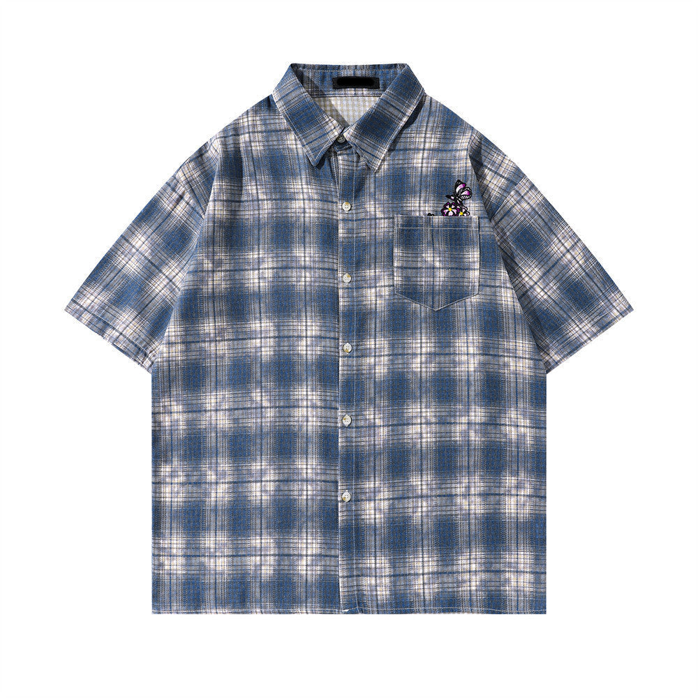 Loose Plaid Embroidered Butterfly Shirt - MADXMARX