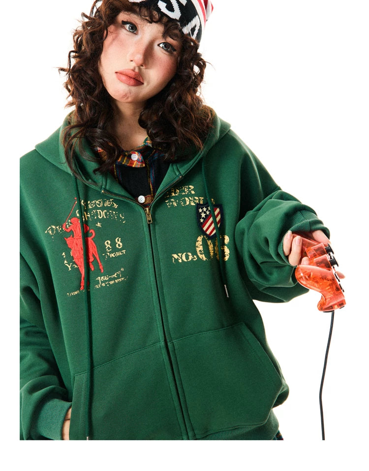 Letter Embroidery Washed Zipper Hoodie