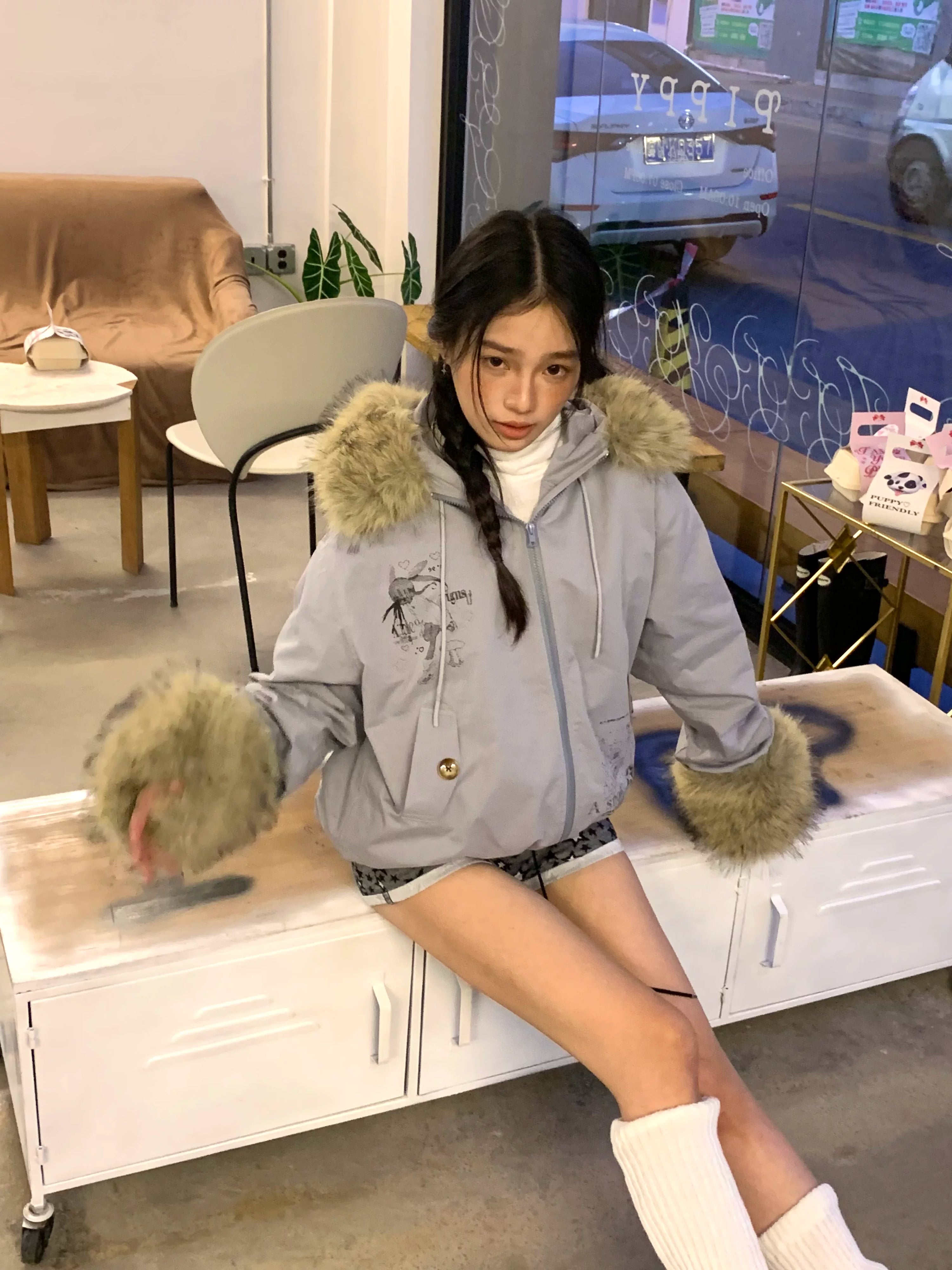 Fake Fur Trim Graphic Print Oversize Hooded Jacket