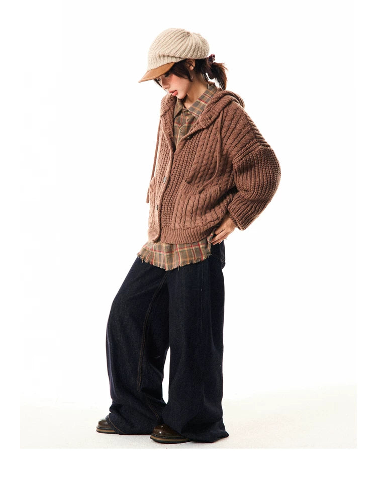 Hooded Button Oversize Cable Knit Cardigan