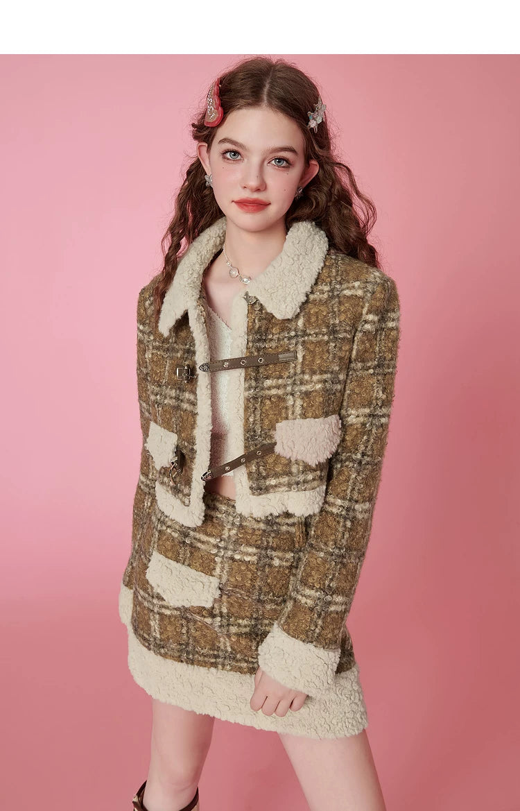 Fake Shearling Short Jacket & Pencil Skirt Setup