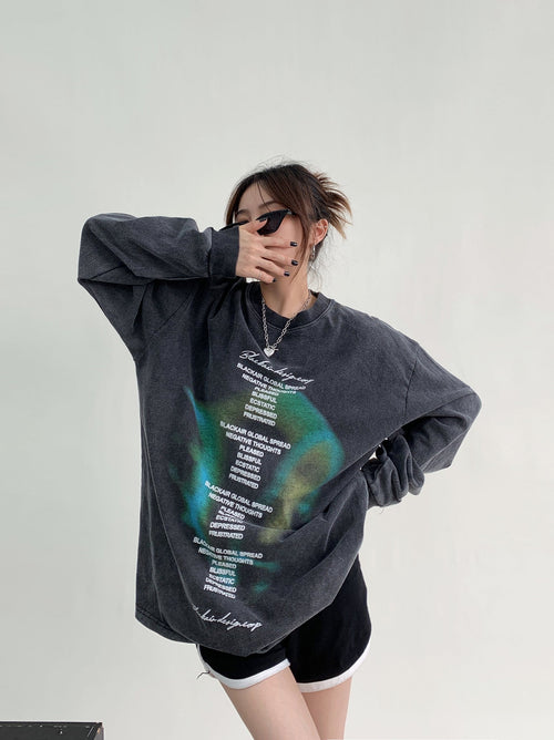 Top oversize de manga larga con estampado de letras - Negro / M