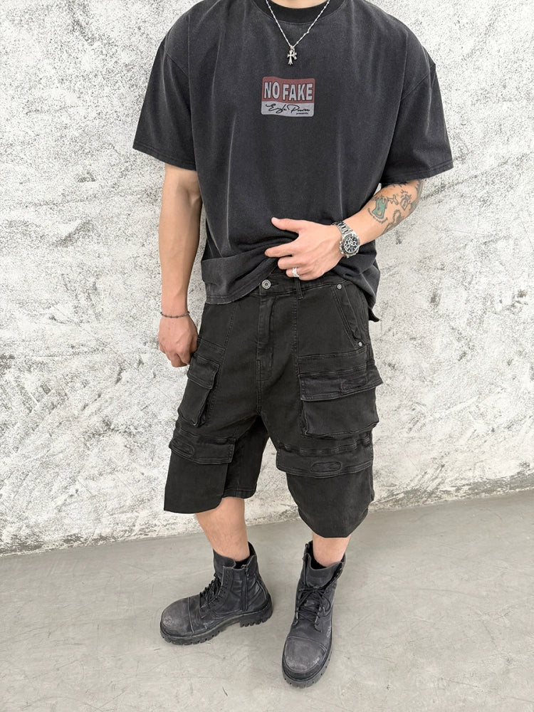 Waxed Washed Three-Dimensional Pocket Cargo Short Pants