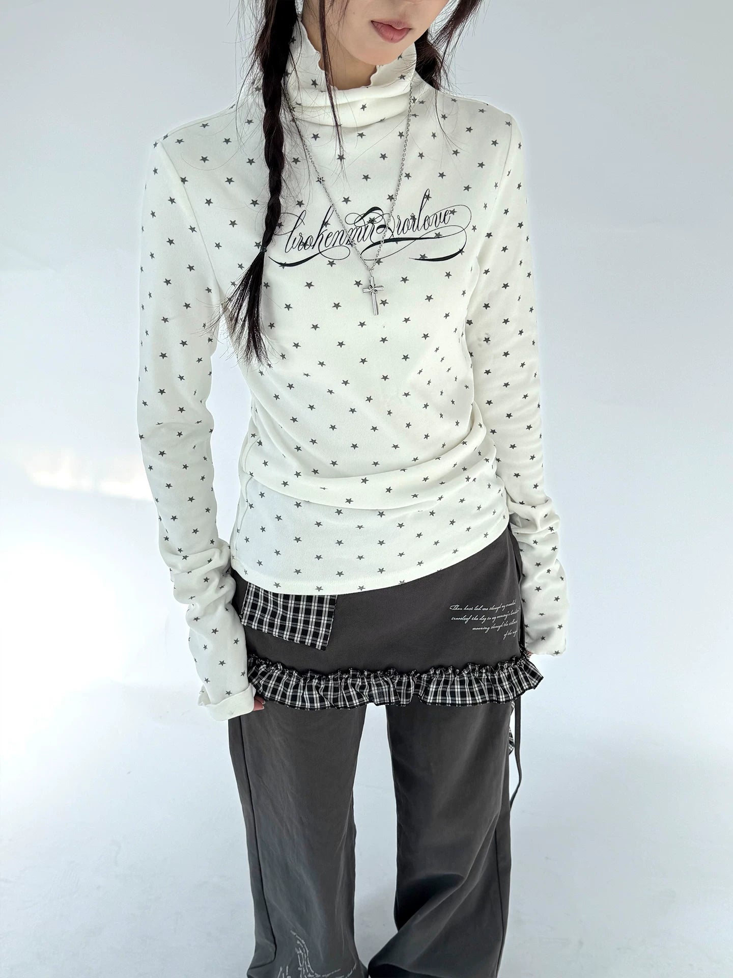 Polka Dot Print High-Neck Long Sleeve T-Shirt