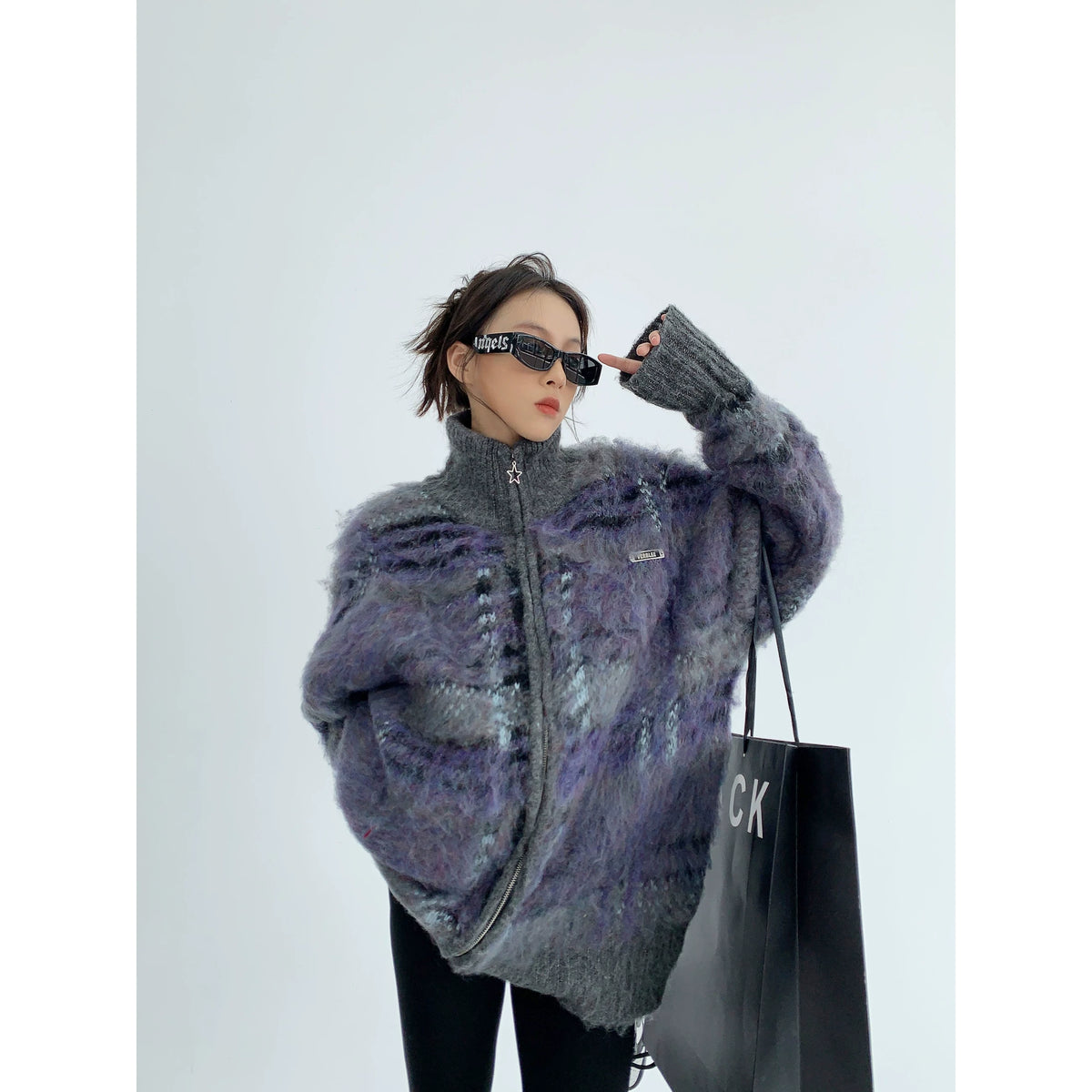 Oversized Double Zipper Knit Cardigan