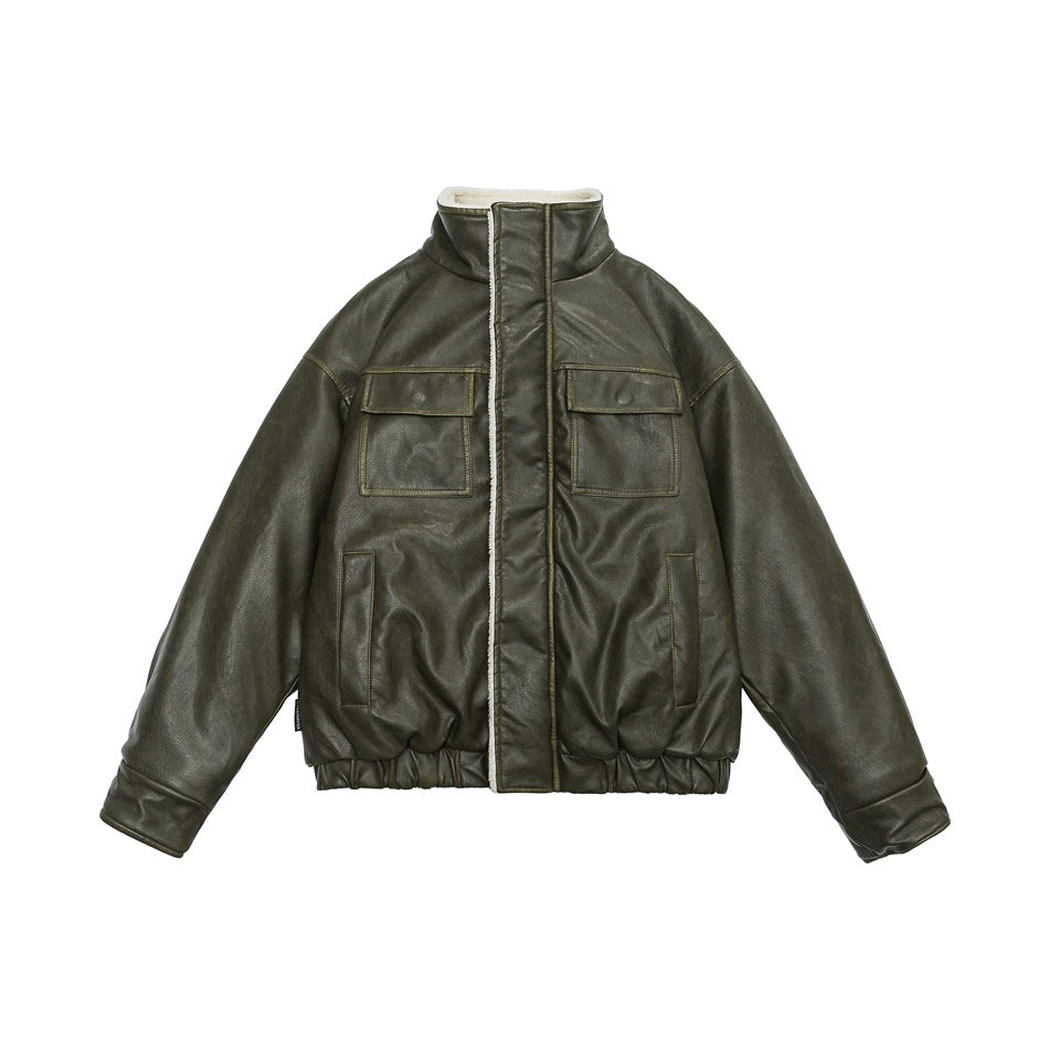 Veste unisexe vintage doublée de laine et de cuir