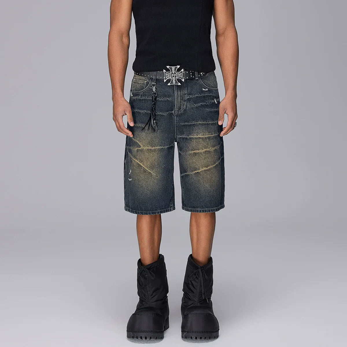 Washed Whisker Design Wide Leg Denim Short
