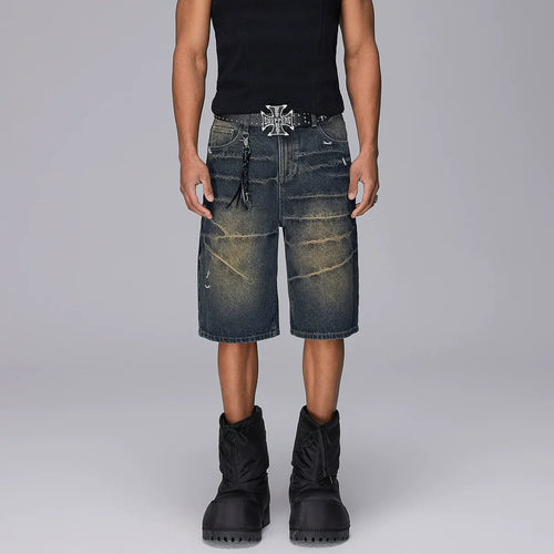 Washed Whisker Design Wide Leg Jeansshorts - Blau / S