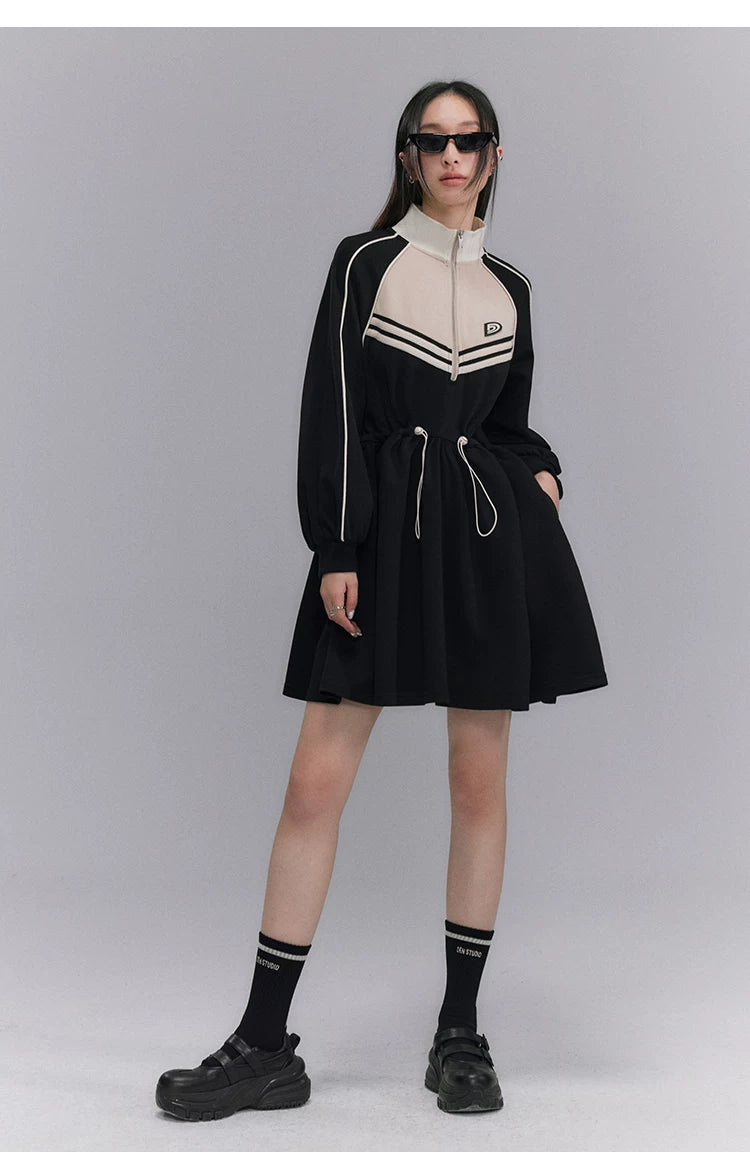 Embroidery Color Blocking Sporty Long Sleeve Jersey Dress