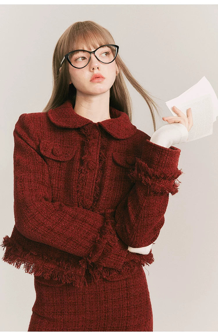 Round Collar Tweed Jacket & A-Line Tweed Skirt Setup