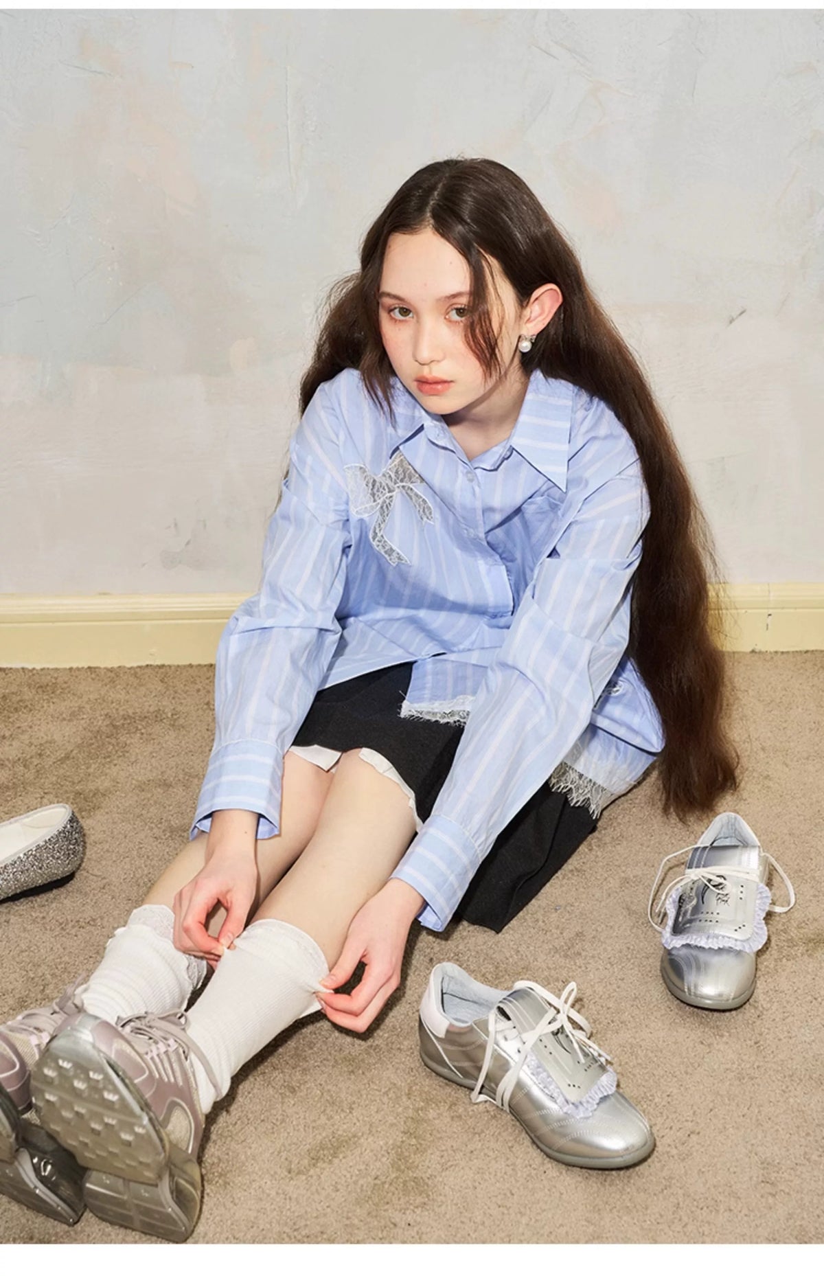 Stripe Lace Hollow Bow Long Sleeve Shirt