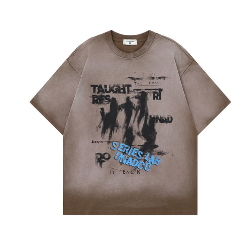 Dark Graffiti Print Short Sleeve T-Shirt - Beige / S