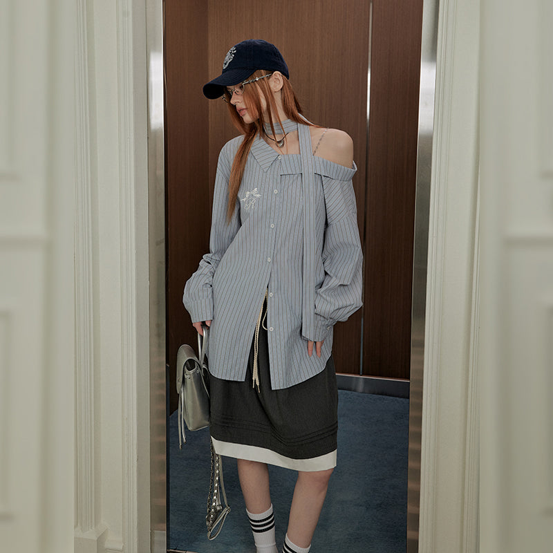 Desirable Aesthetic Blue Striped Off-The-Shoulder Ribbed Top
