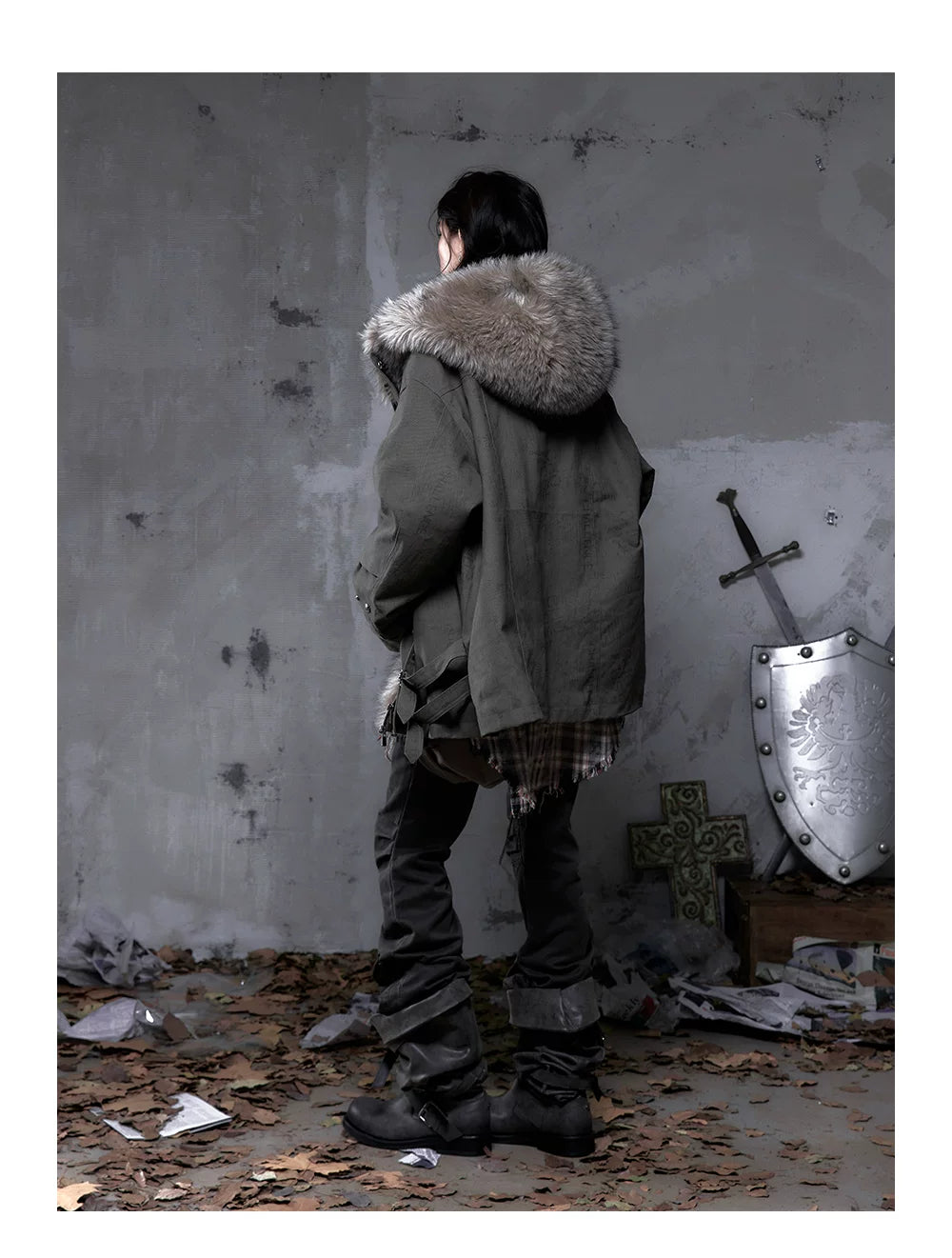 Fake Fur Hooded Multi-Pocket Buckle Detail Jacket