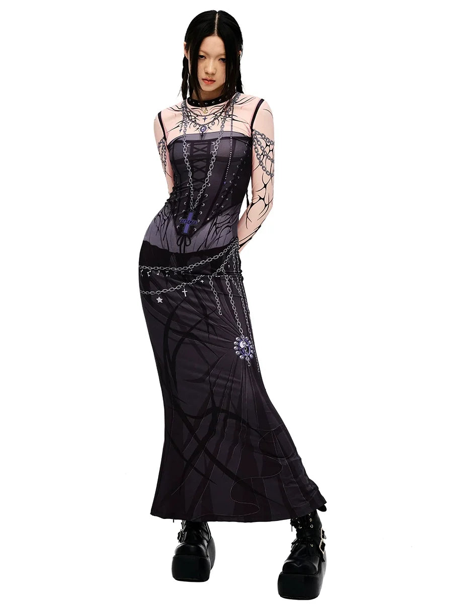 Vestido de sirena de manga larga con estampado de grafiti