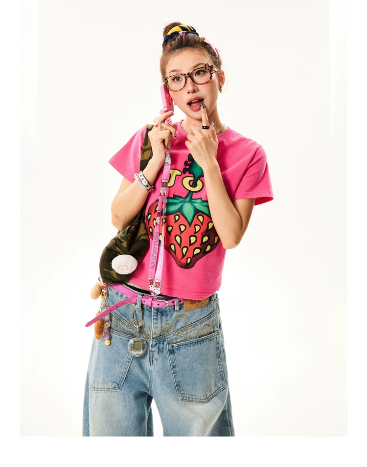 Strawberry Print Cropped Short Sleeve T-Shirt