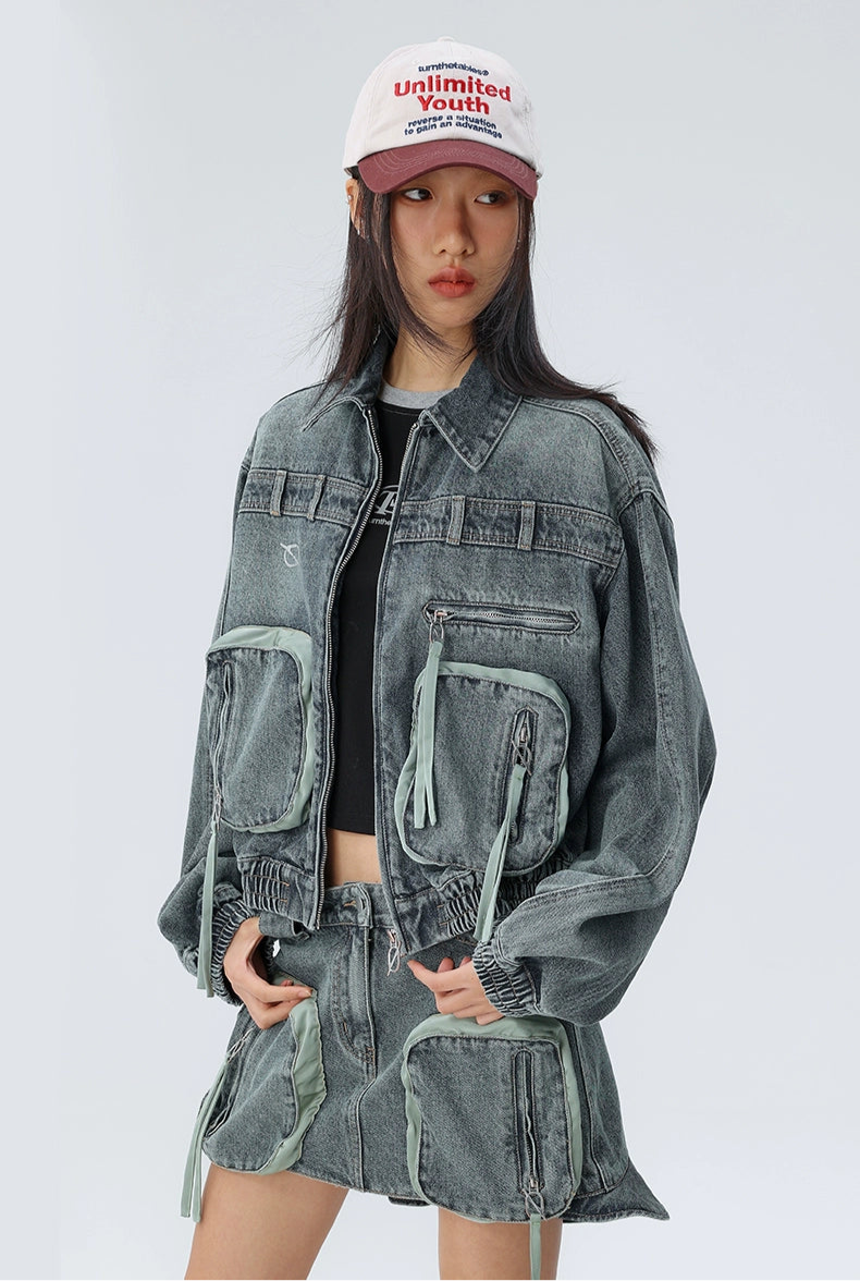 Deconstructed cargo denim jacket