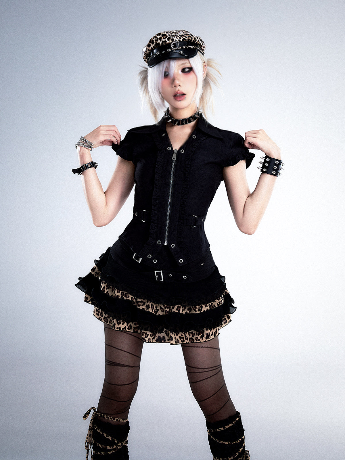 Leopard Patchwork Belted Tiered A-Line Skirt