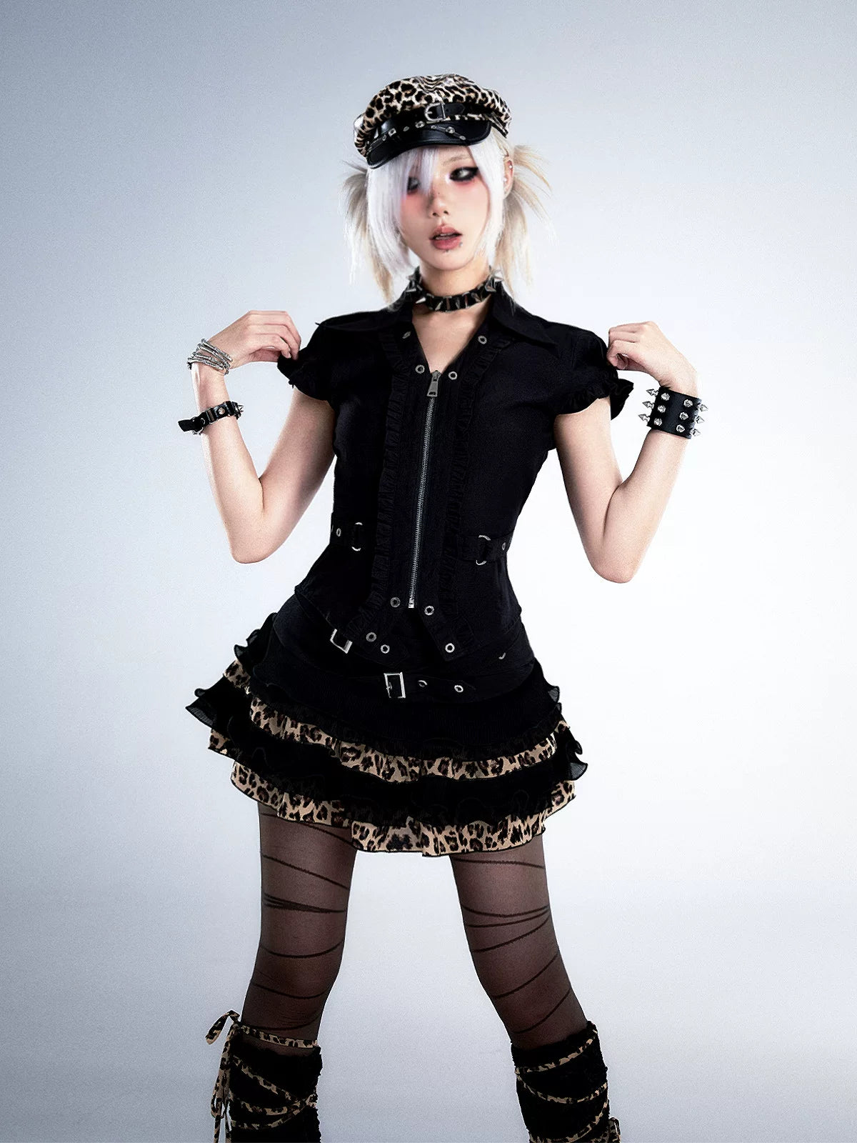 Leopard Patchwork Belted Tiered A-Line Skirt