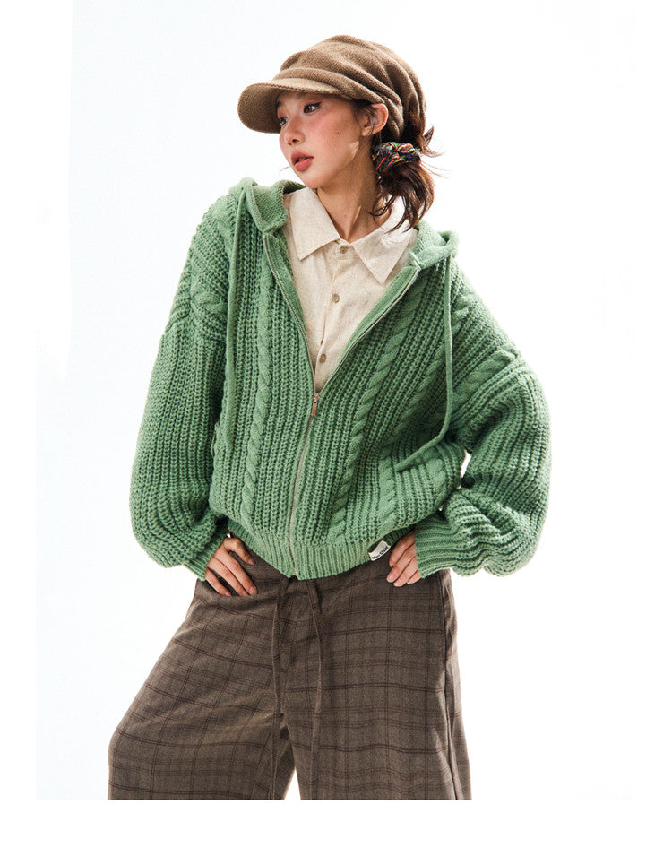 Chunky Knit Zipper Hooded Oversize Cardigan