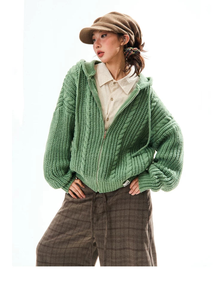 Chunky Knit Zipper Hooded Oversize Cardigan