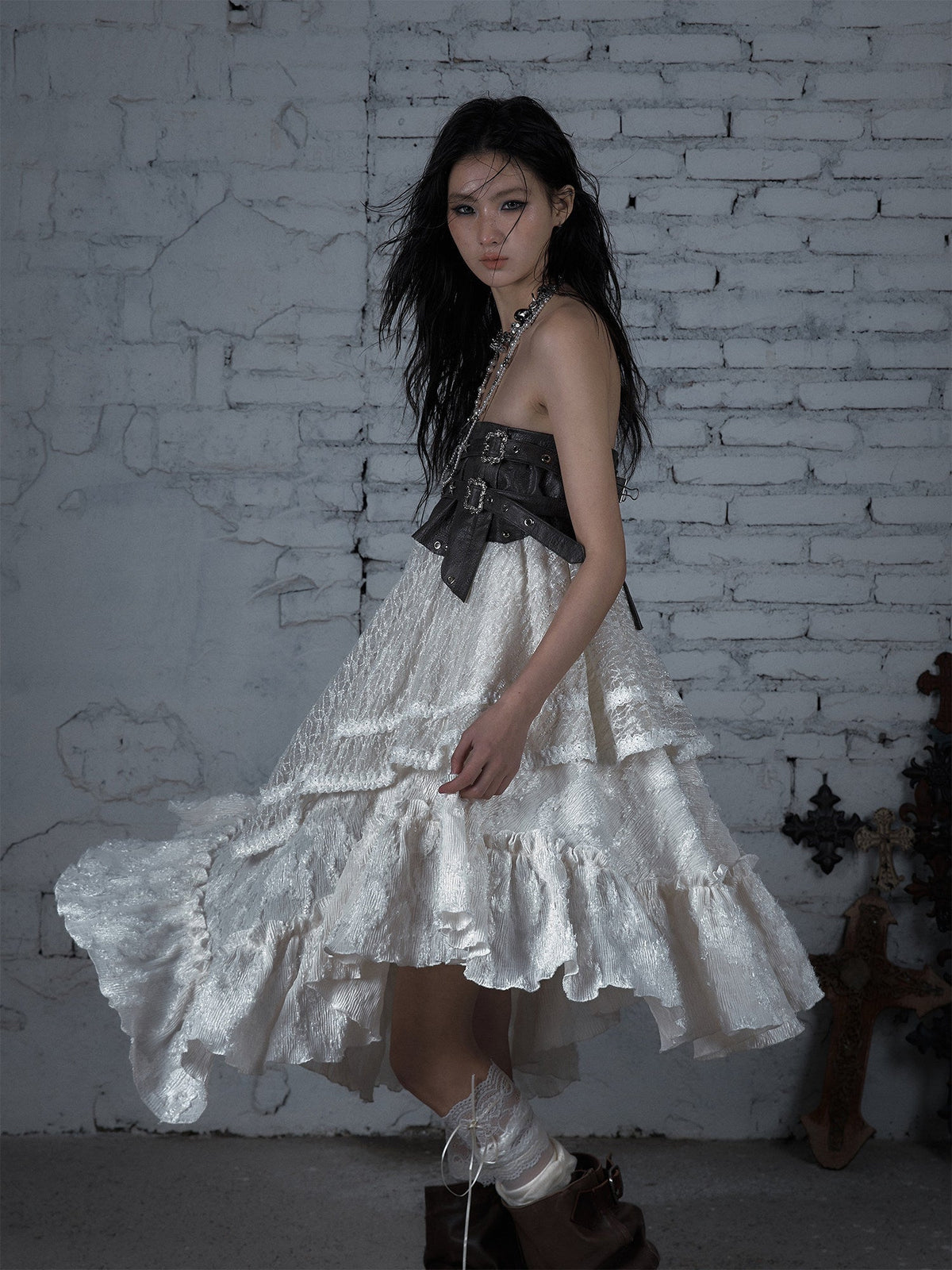 Asymmetric Lace Layered Belt Detail Skirt