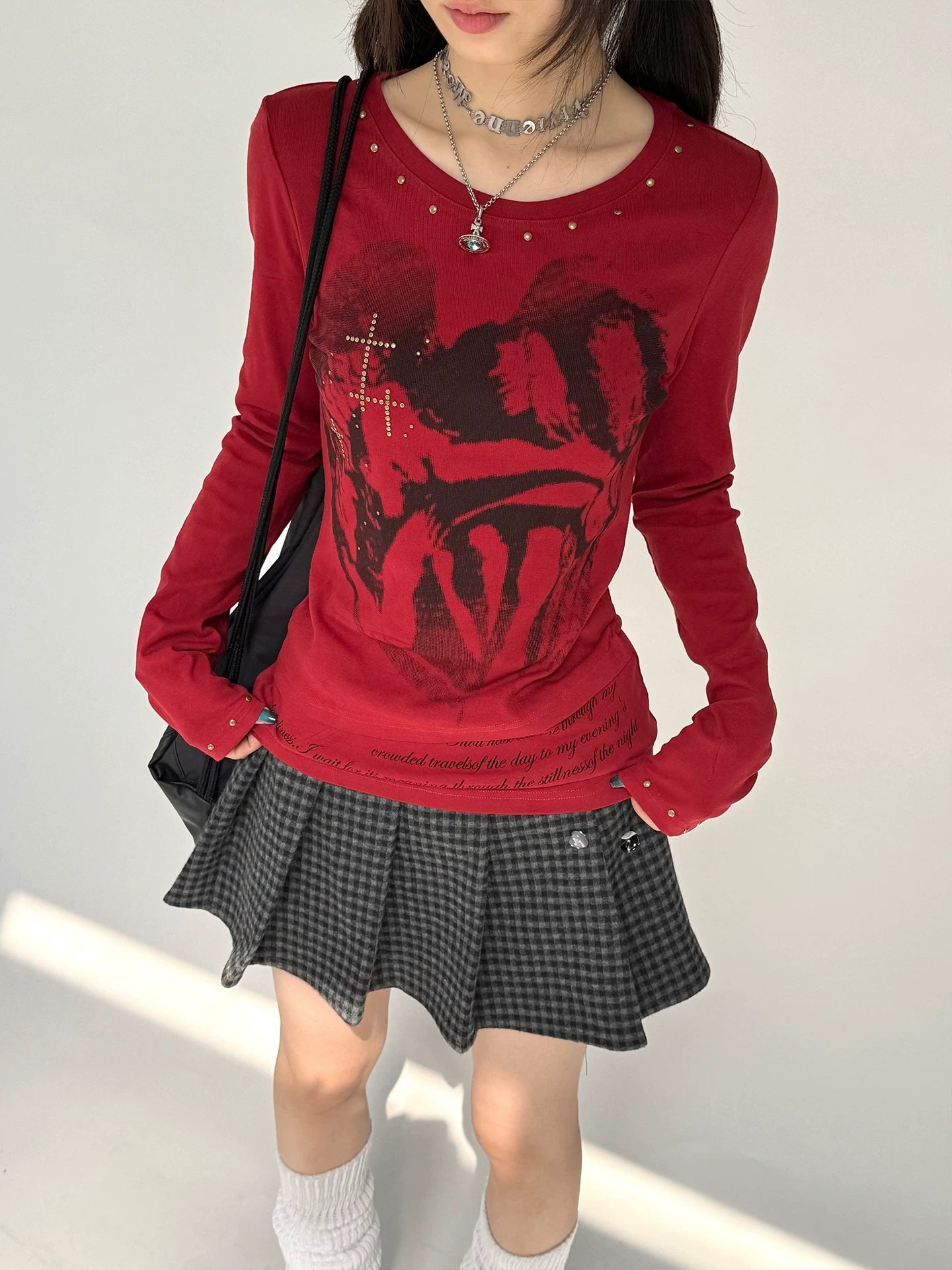 Cross Print Rivet Long Sleeve T-Shirt
